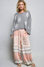 Pol Clothing - Round Neck Balloon Sleeve Floral Print Thin Sweater