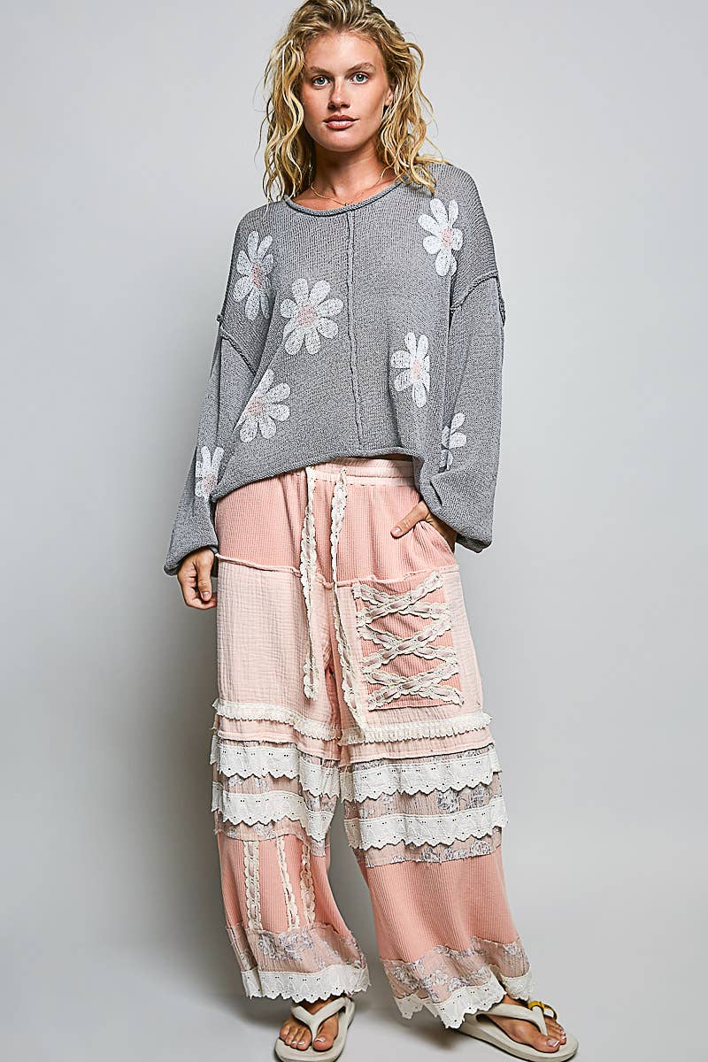 Pol Clothing - Round Neck Balloon Sleeve Floral Print Thin Sweater