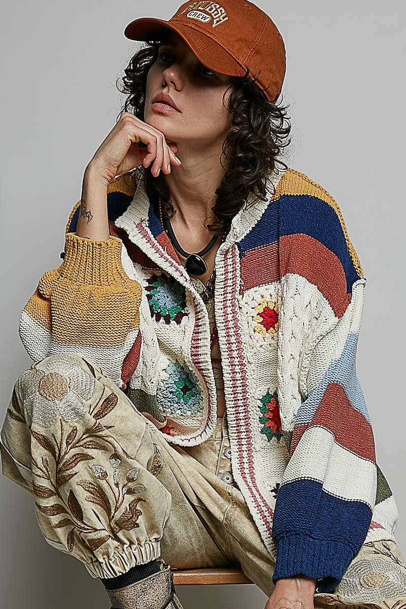 Pol Clothing - Handmade Patchwork Striped Chenille Sweater Open Cardigan