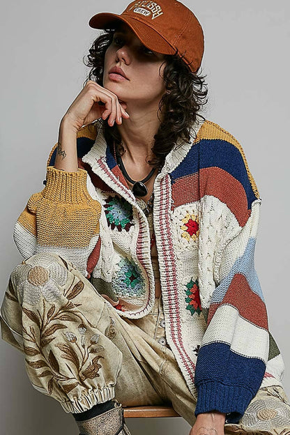 Pol Clothing - Handmade Patchwork Striped Chenille Sweater Open Cardigan