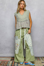 Pol Clothing - V-neck Floral Pattern Trim Ruffle Rib Knitted Sleeveless Top