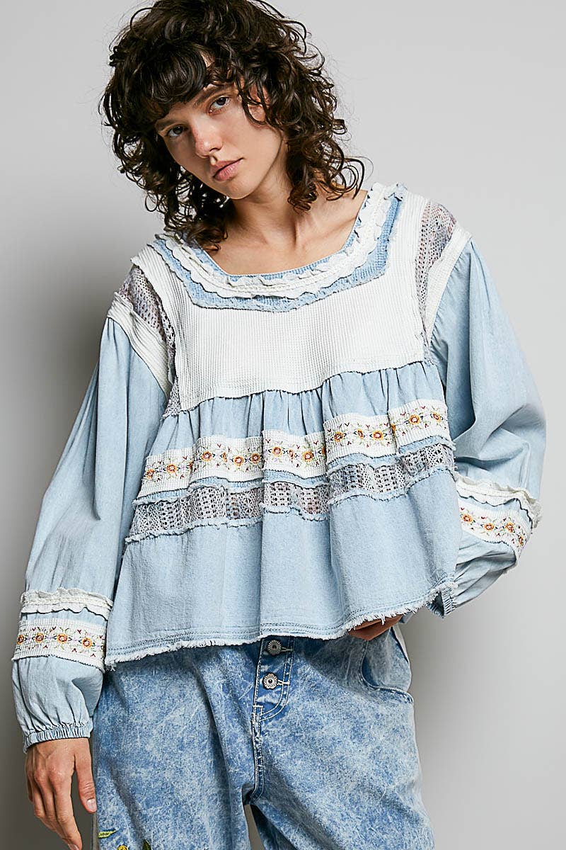 Pol Clothing - Embroidery Lace Contrast Square Neck Long Sleeve top