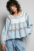 Pol Clothing - Embroidery Lace Contrast Square Neck Long Sleeve top