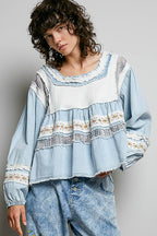 Pol Clothing - Embroidery Lace Contrast Square Neck Long Sleeve top