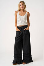 RUFFLE TRIM POCKET MINERAL WASH WIDE LEG PANTS