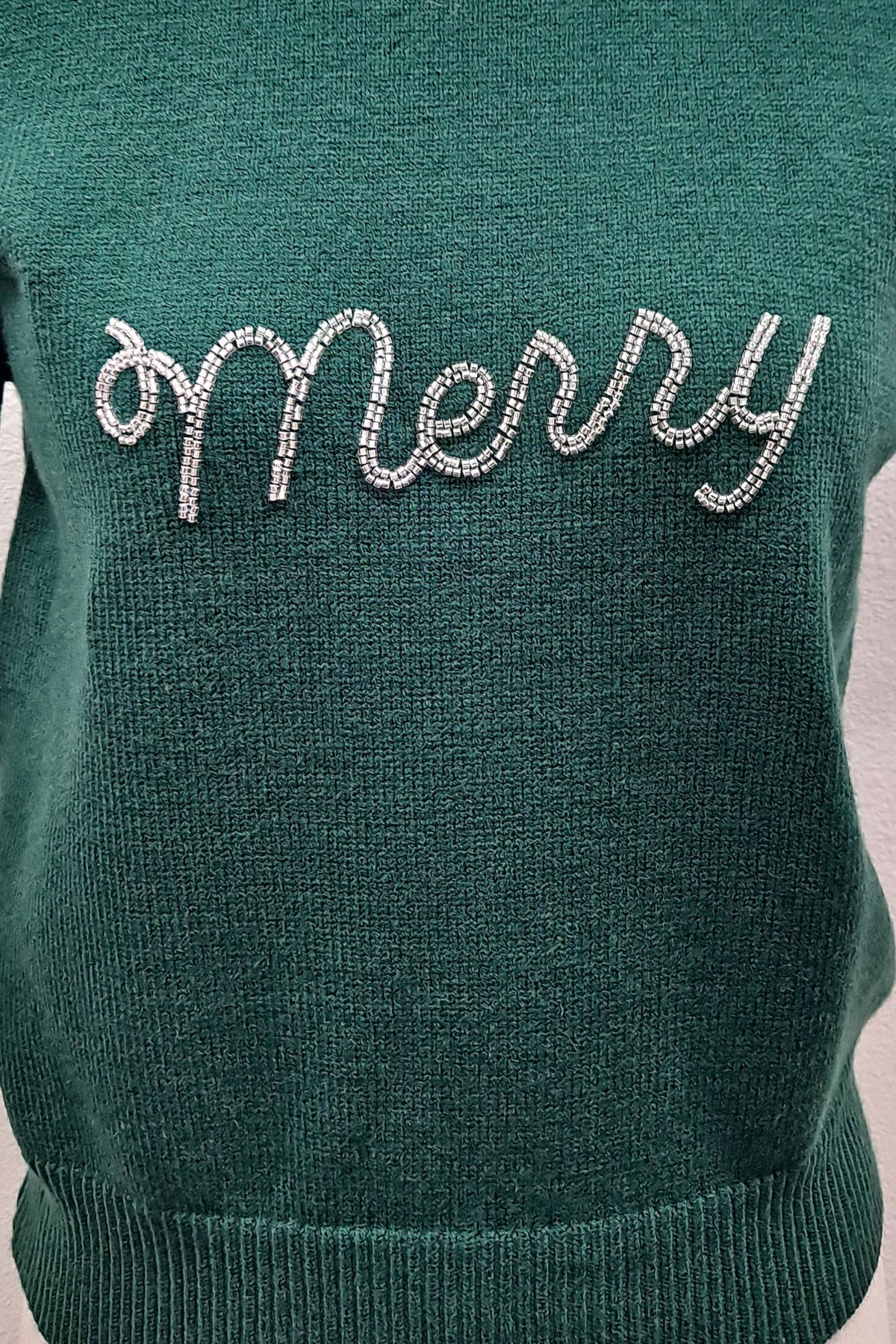 Merry Rhinestone Puff Sleeve Holiday Sweater Top-Main Strip