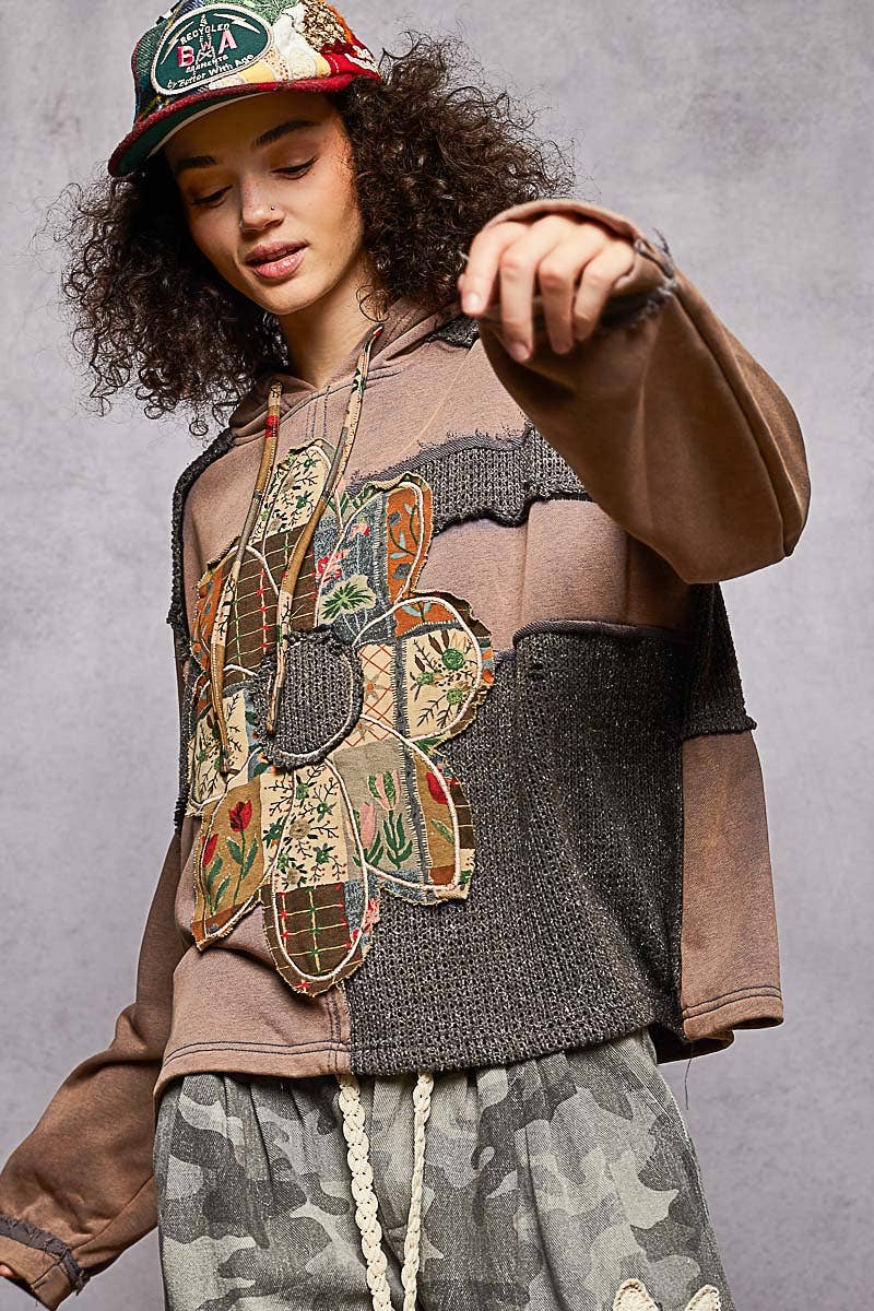 Pol Clothing - Long sleeve French terry printed flower patch knit top