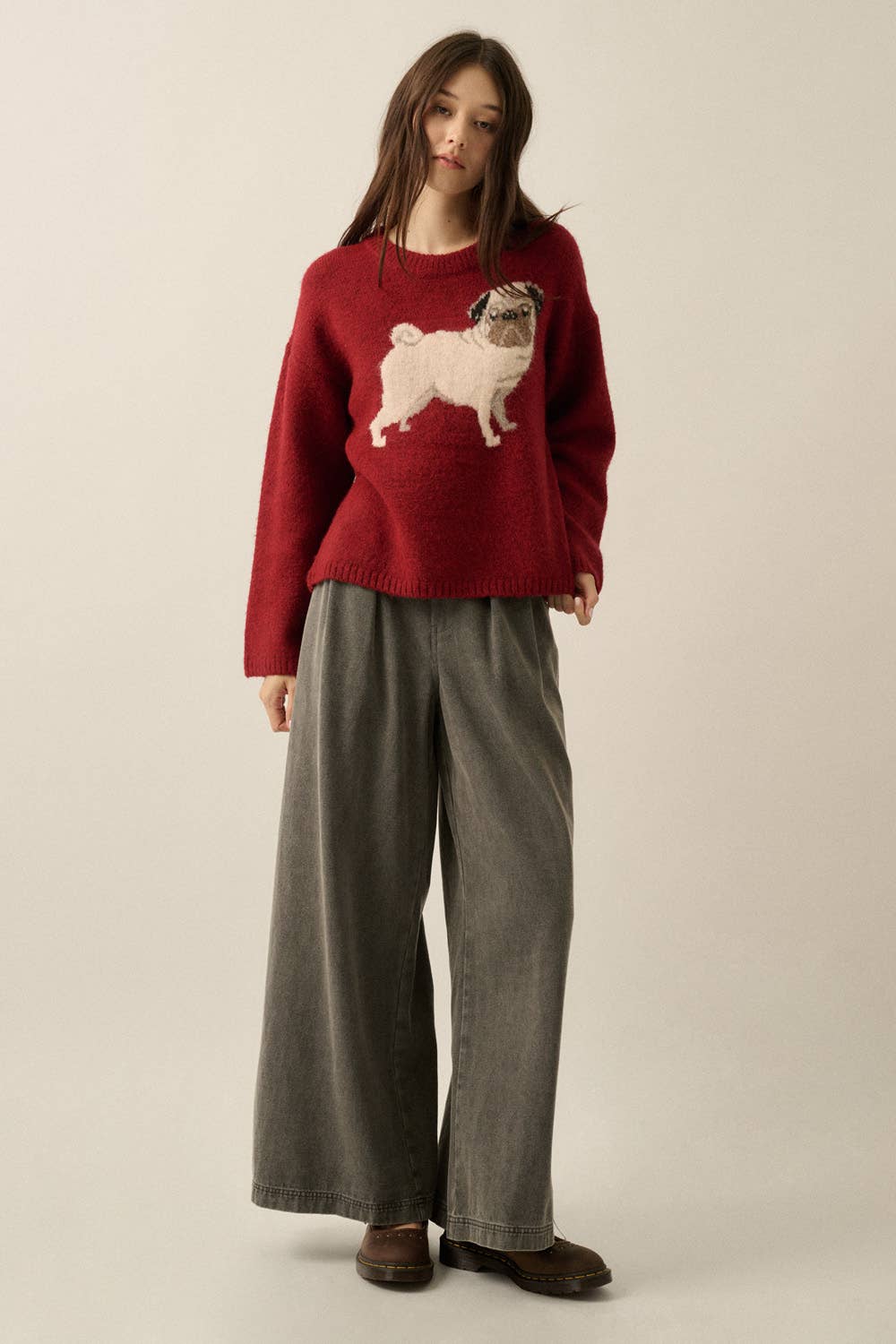 Pug Dog Solid Knit Relaxed-Fit Drop-Shoulder Sweater