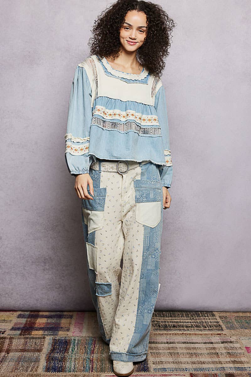 Pol Clothing - Embroidery Lace Contrast Square Neck Long Sleeve top