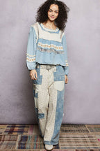 Pol Clothing - Embroidery Lace Contrast Square Neck Long Sleeve top