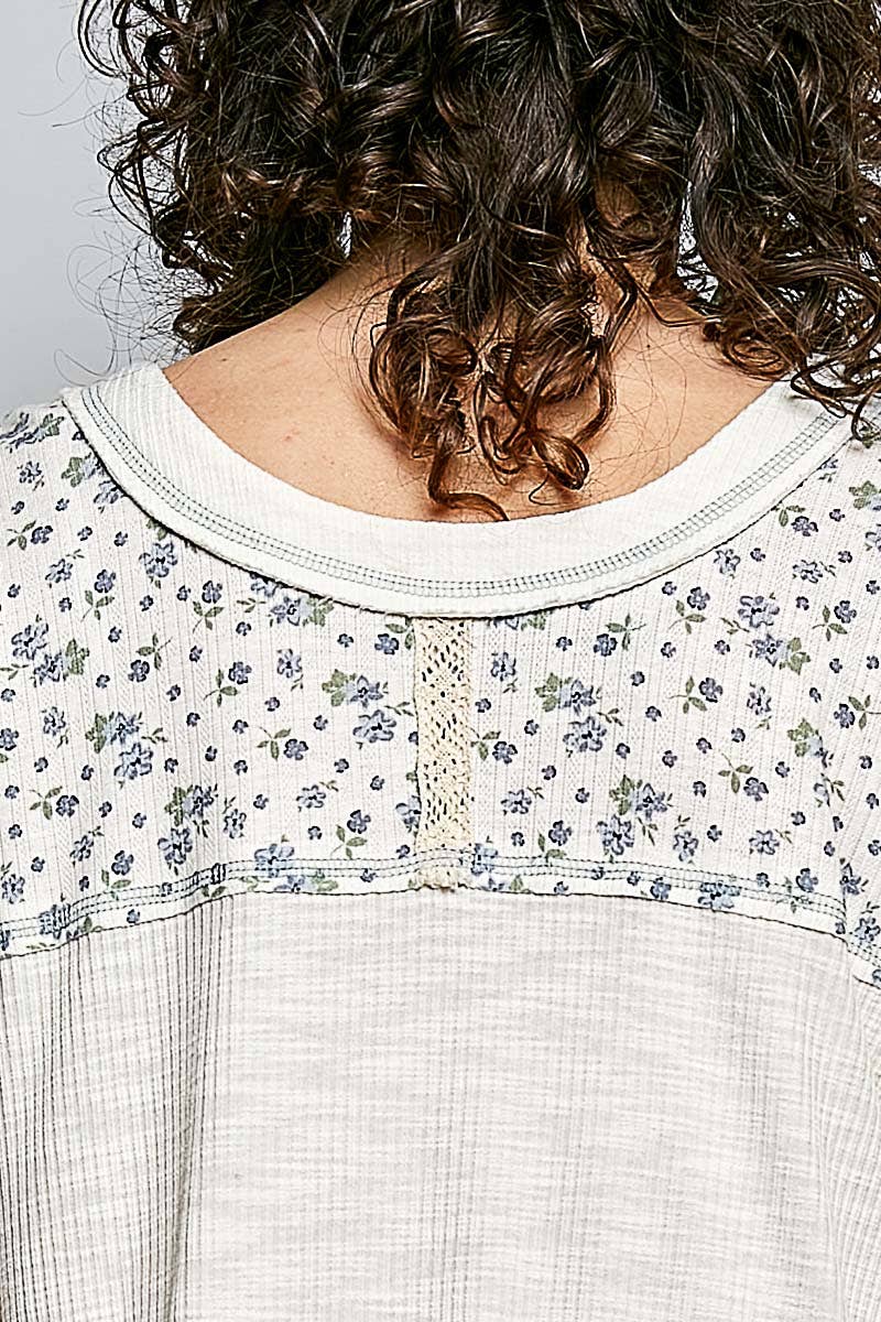 Pol Clothing - Round Neck Floral Patchwork Ruffle Hem 3/4 Sleeve Top