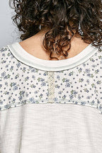 Pol Clothing - Round Neck Floral Patchwork Ruffle Hem 3/4 Sleeve Top