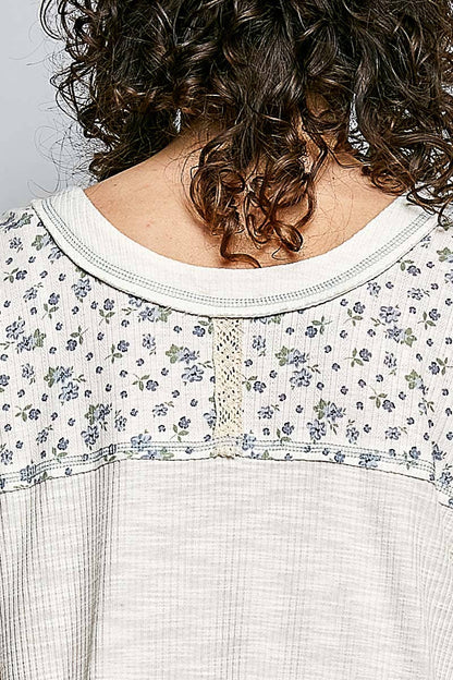 Pol Clothing - Round Neck Floral Patchwork Ruffle Hem 3/4 Sleeve Top