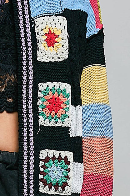 Pol Clothing - Handmade Patchwork Striped Chenille Sweater Open Cardigan