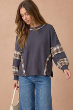 Haptics - Oversized Plaid Contrast Thermal Knit Top