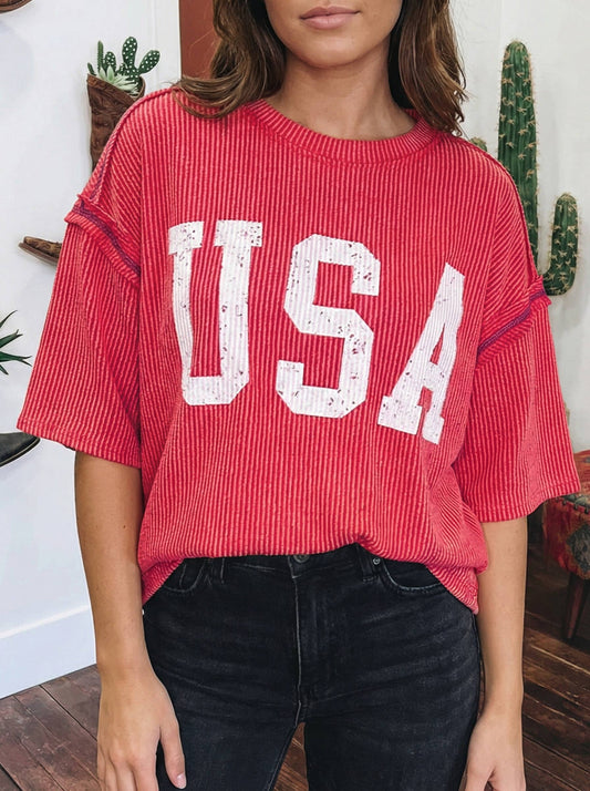 July 4th USA Letter Printed Half Sleeve Loose Ribbed Top