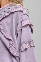 Pol Clothing - French Terry Eyelet Ruffle Vintage Washing Solid Knit Top