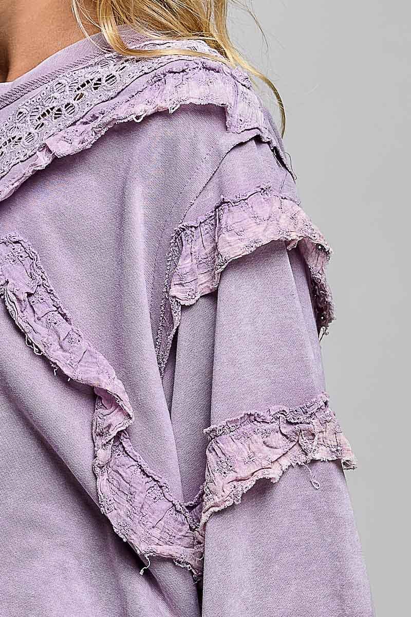 Pol Clothing - French Terry Eyelet Ruffle Vintage Washing Solid Knit Top