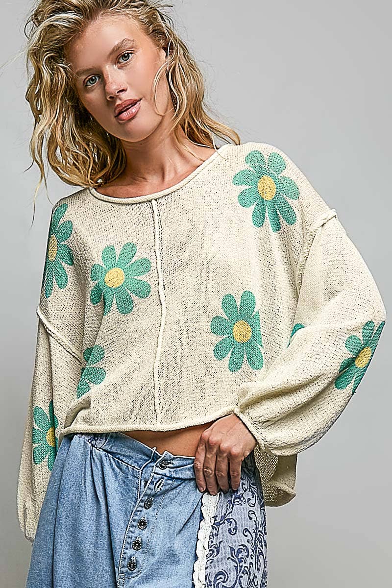 Pol Clothing - Round Neck Balloon Sleeve Floral Print Thin Sweater