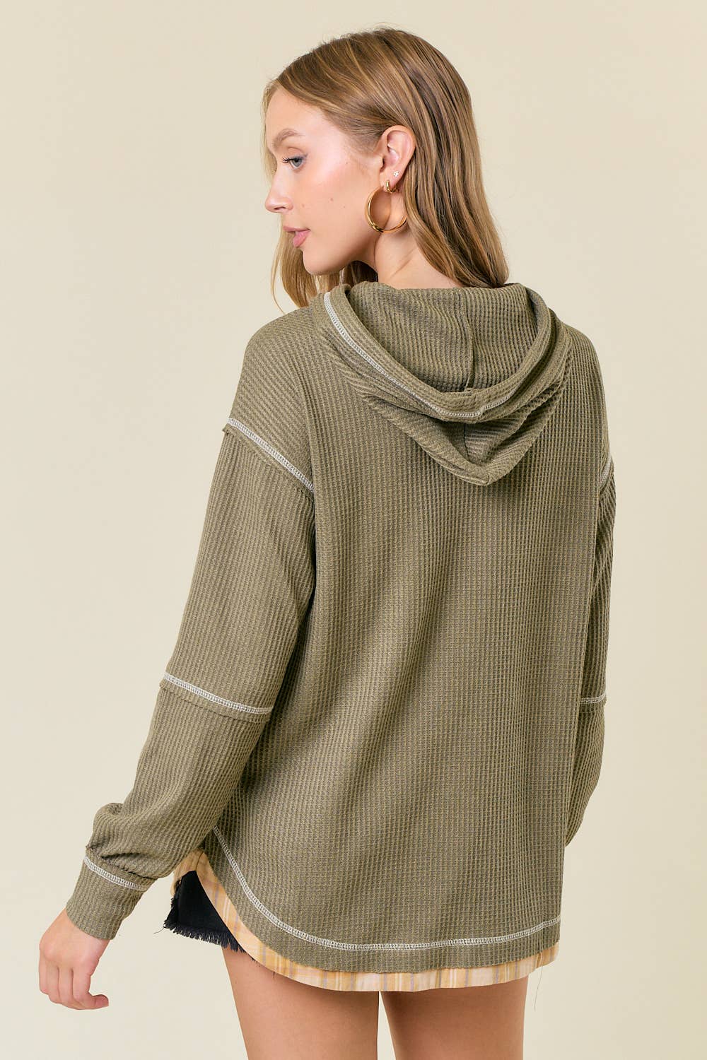 Soft WAFFLE KNIT PLAID STRAP HOODED SWEATSHIRT