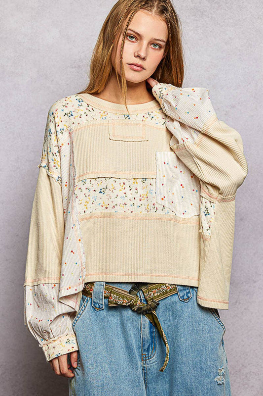 Marbella Long Sleeve Round Neck Floral Stripe Stitch Knit Top Pol Clothing