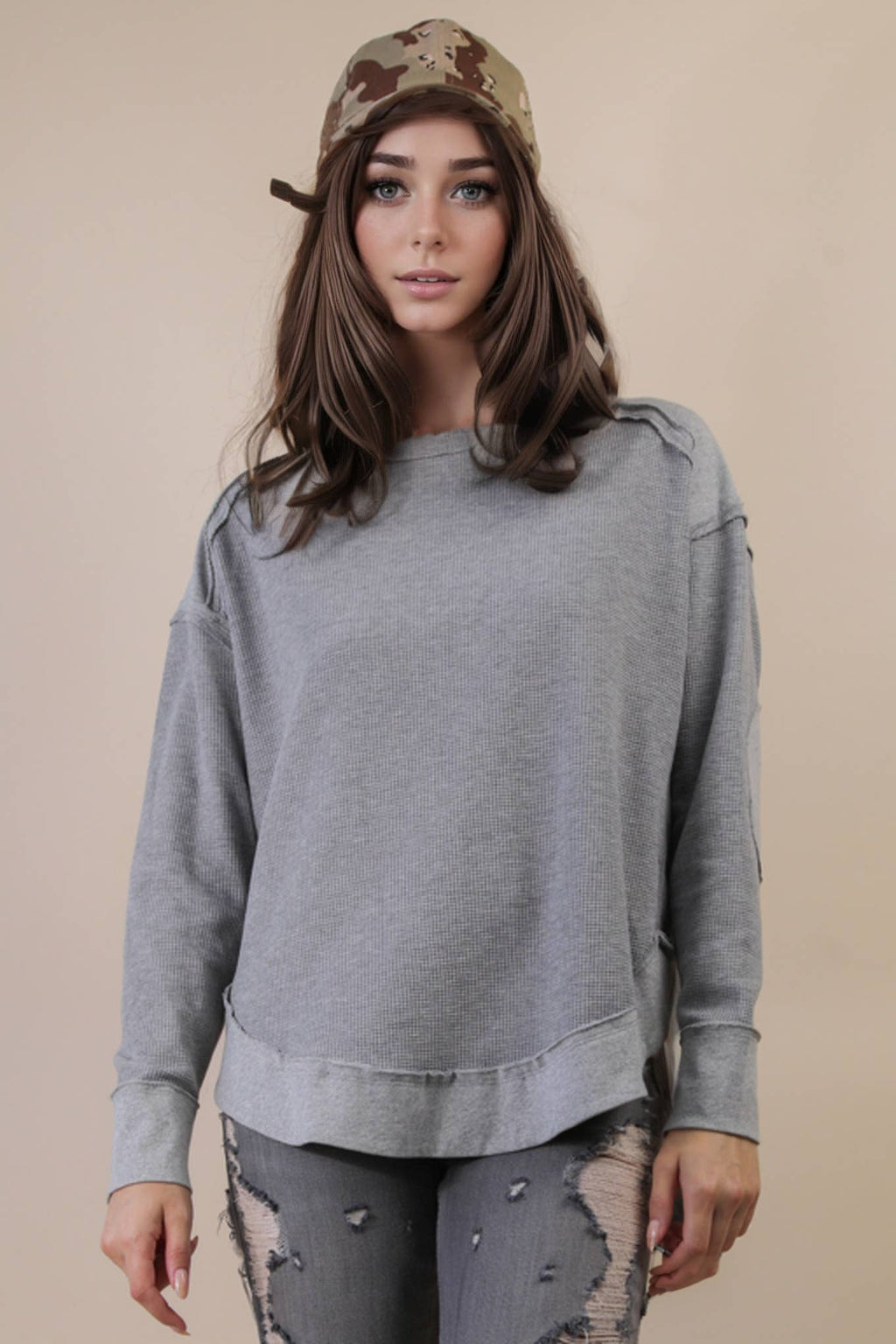 Mineral Washed Elbow Patch Contrast Knit Top