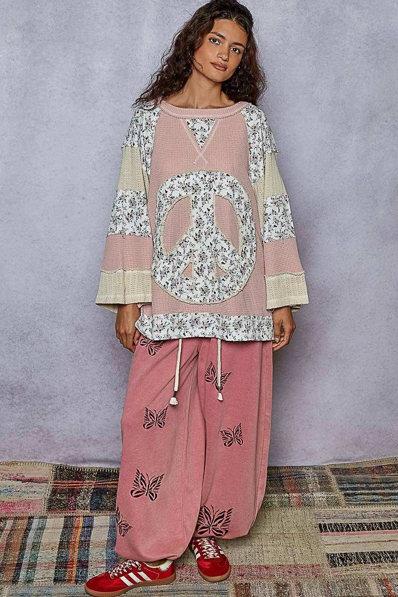 Pol Clothing - Round neck printed peace patch overlock stitch knit top