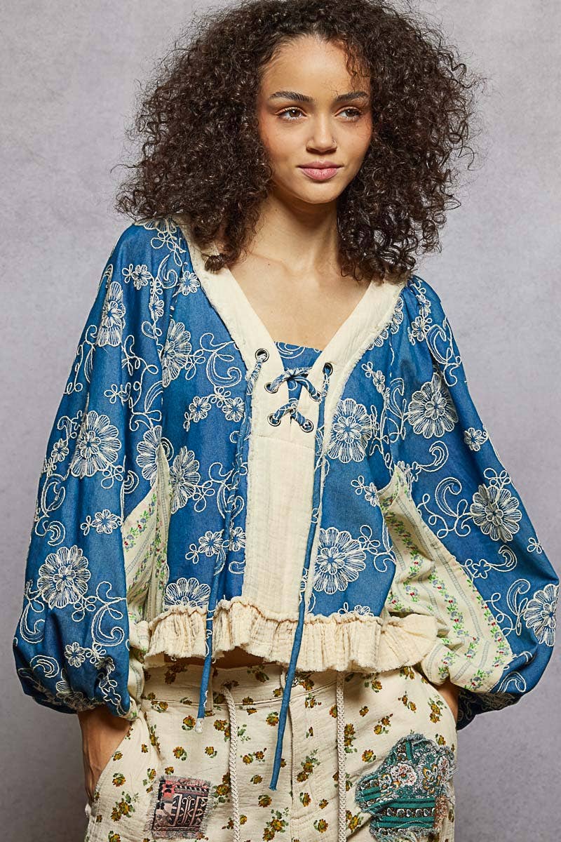 Strawberry V Neck Balloon Sleeve Floral Ruffle Woven Printed Top