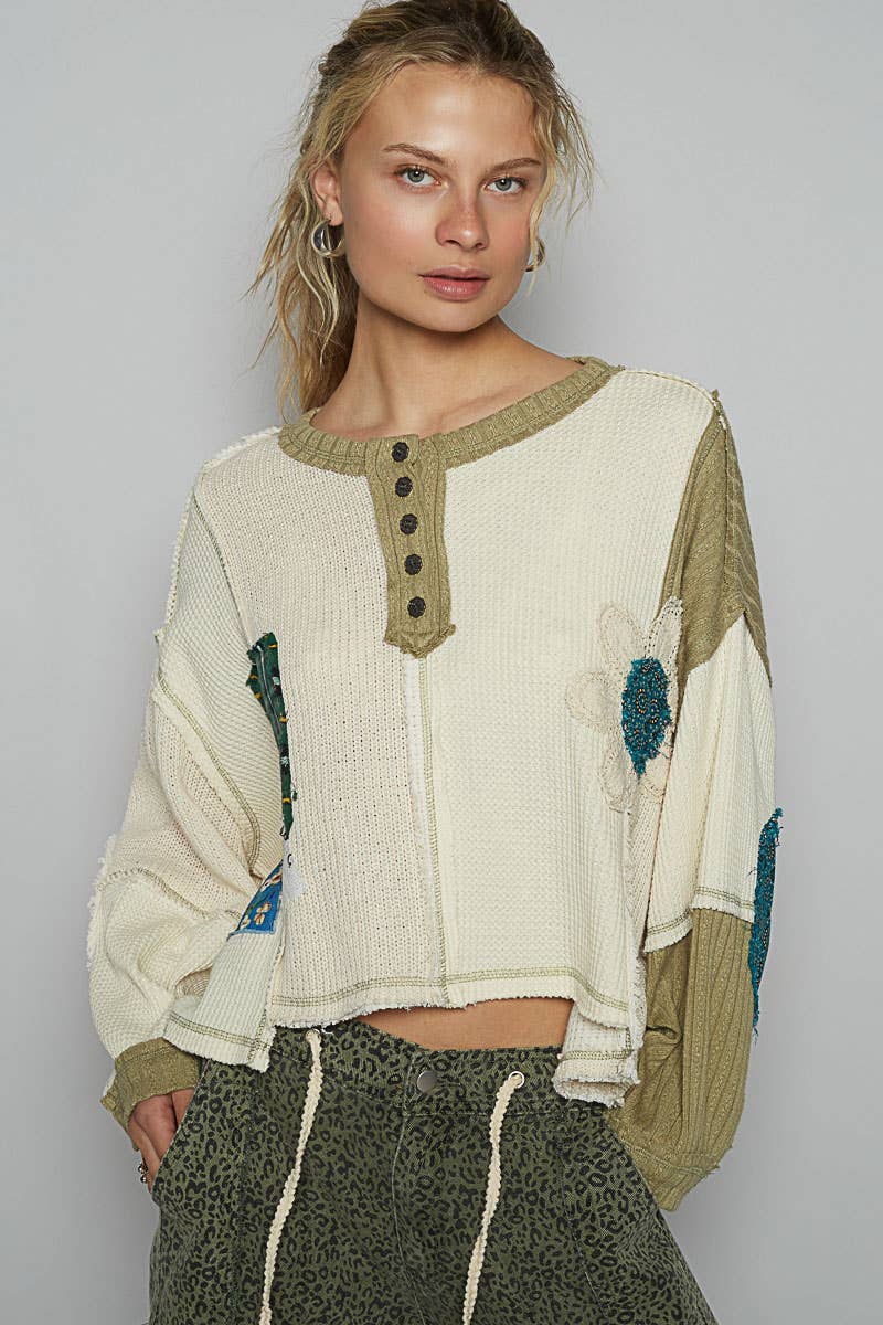 Pol Clothing - Round neck cut and sew patch oversized knit top