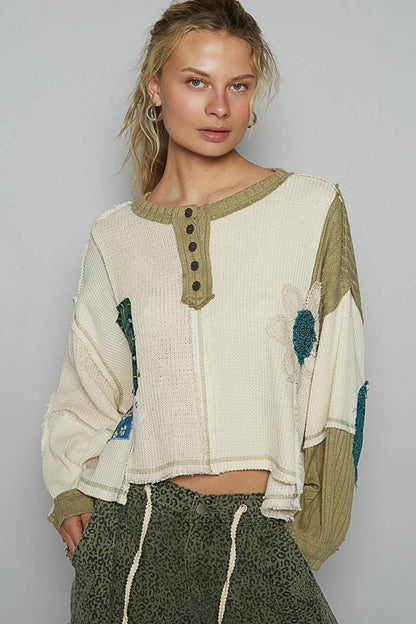 Pol Clothing - Round neck cut and sew patch oversized knit top