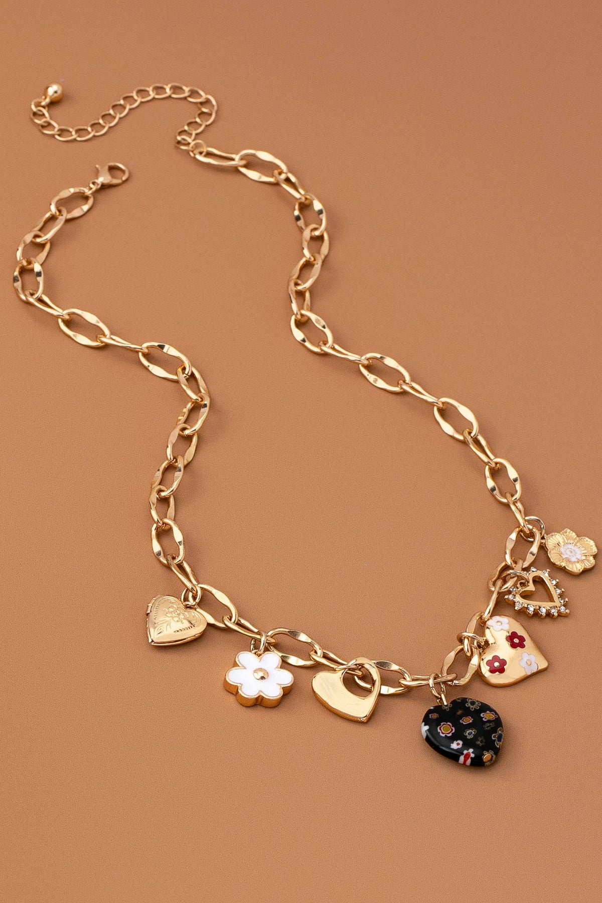 CHARM NECKLACE-HEARTS FLOWER  RHINESTONE