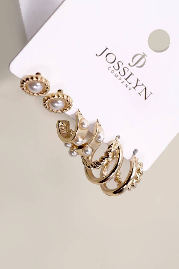 GOLD PEARL HOOP STUD TRIO EARRINGS |