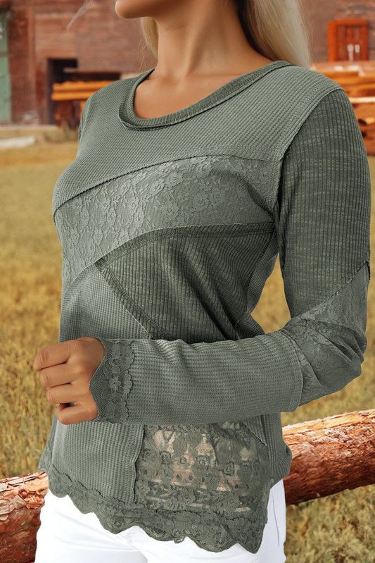 Solid Color Waffle Ribbed Lace Patchwork Long Sleeve Top