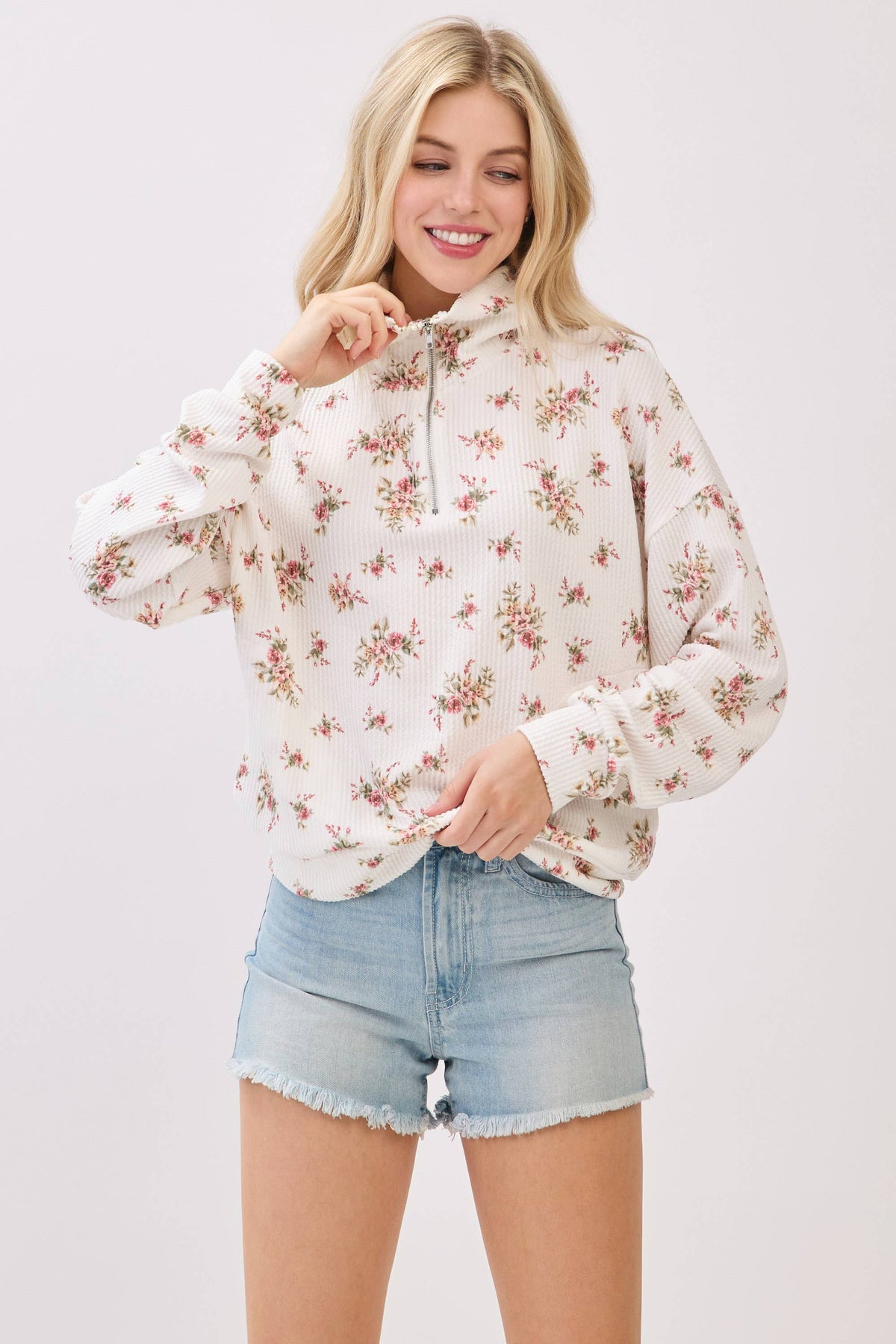 Floral Ribbed Quarter-Zip Pullover