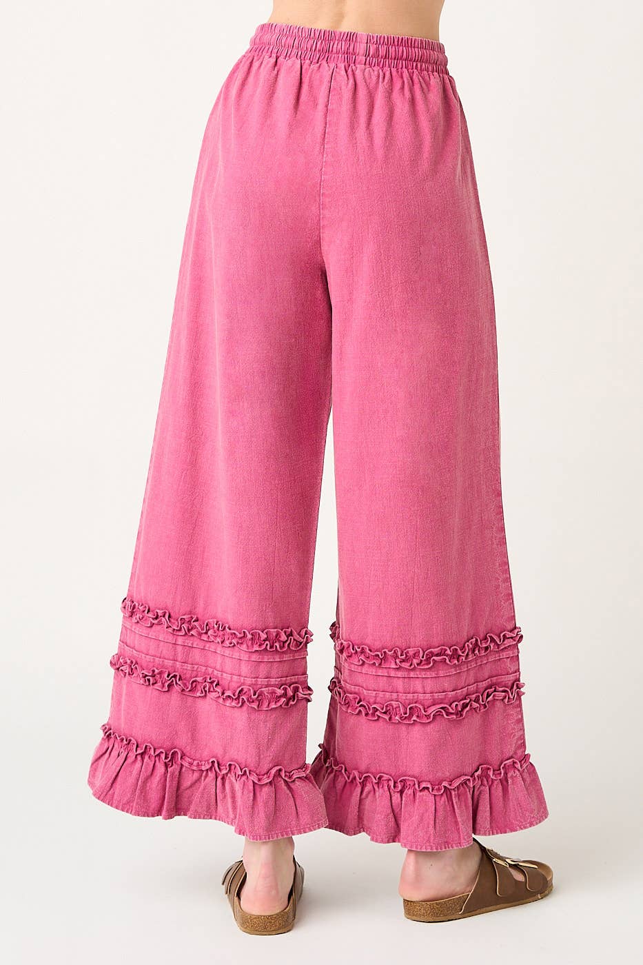 RUFFLE TRIM POCKET MINERAL WASH WIDE LEG PANTS