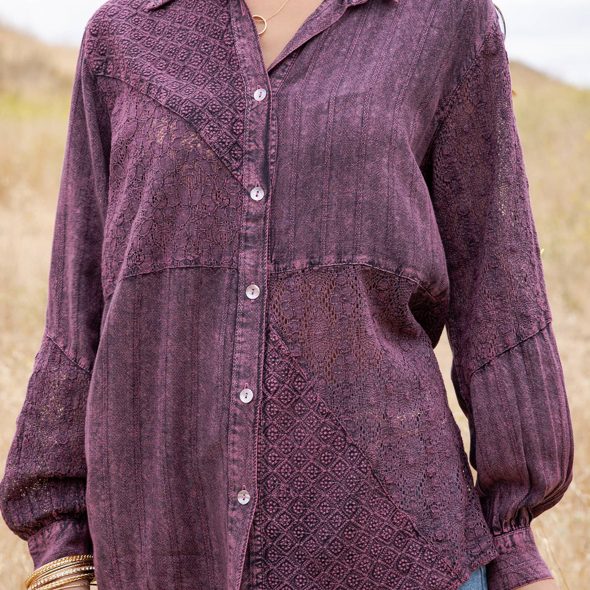 Young Threads - Vintage Washed Lace Patchwork Long Sleeve Shacket NEW