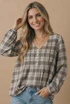 Haptics - Plus Crinkle Plaid Pin Tuck Buttoned Woven Blouse
