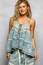 Pol Clothing - Double Gauze Denim Lace Patch Outseam Round Neck Sleeveless