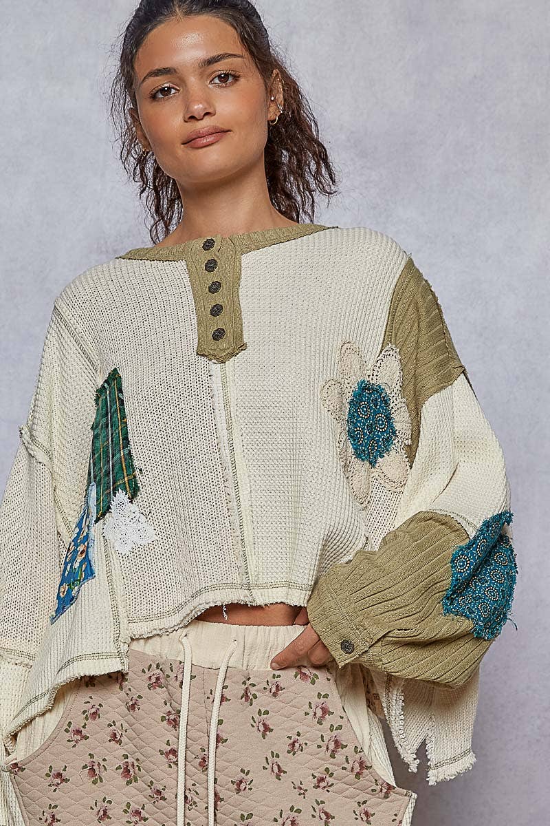 Pol Clothing - Round neck cut and sew patch oversized knit top