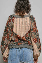 Strawberry V Neck Balloon Sleeve Floral Ruffle Woven Printed Top