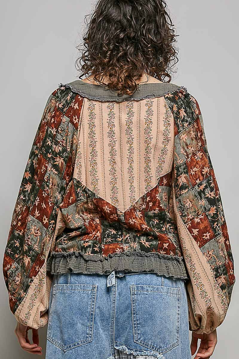 Strawberry V Neck Balloon Sleeve Floral Ruffle Woven Printed Top