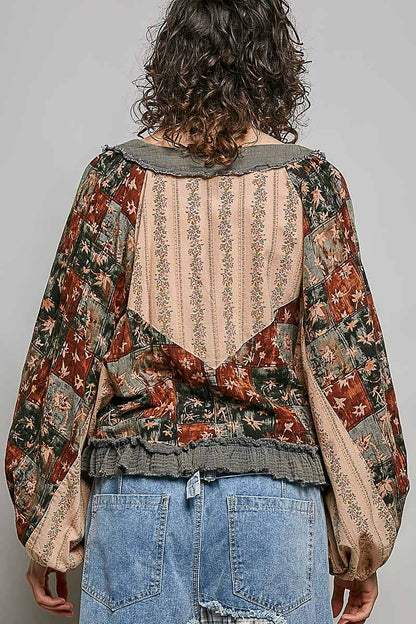 Strawberry V Neck Balloon Sleeve Floral Ruffle Woven Printed Top