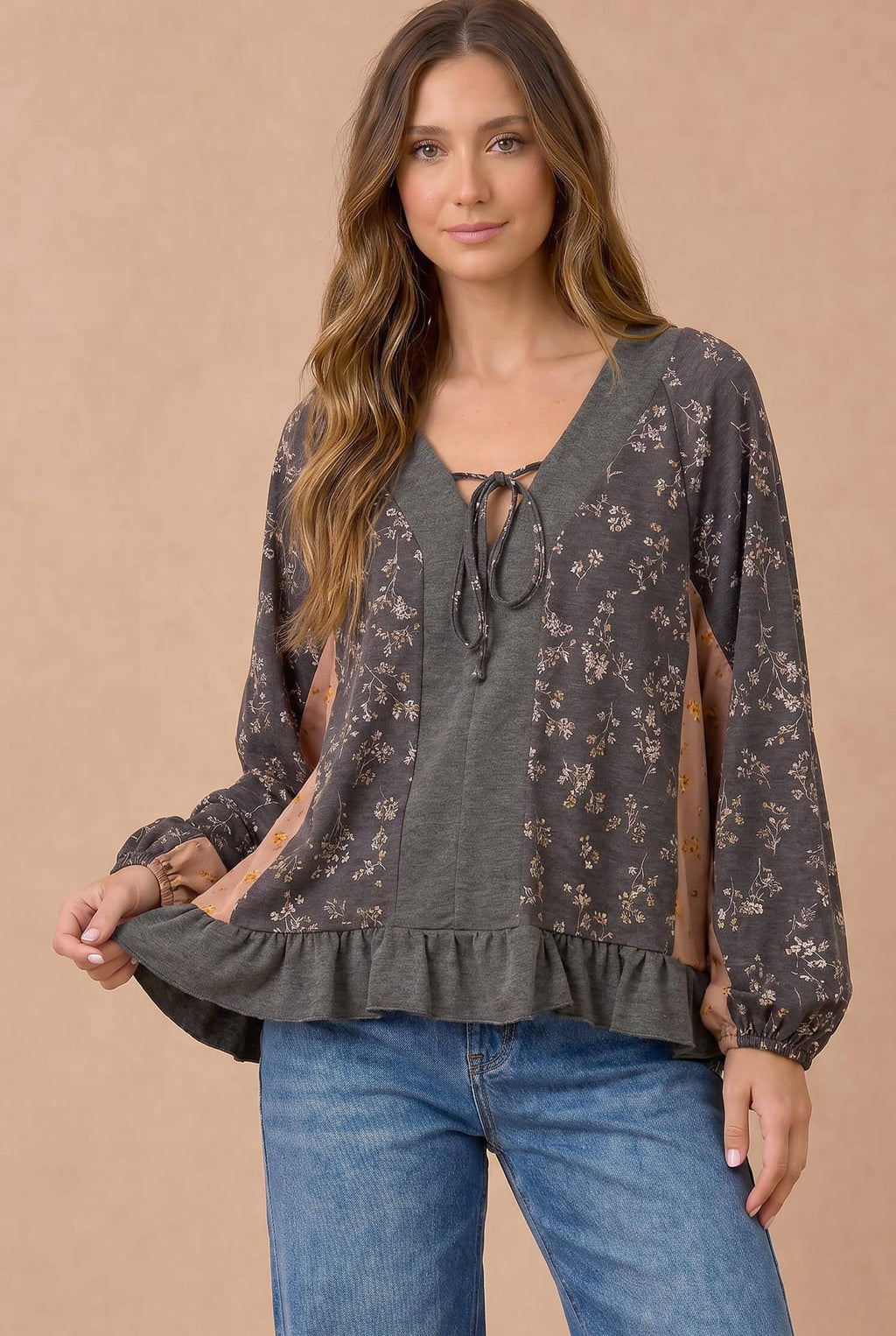 Haptics - Floral Color Block Peplum Raglan Top