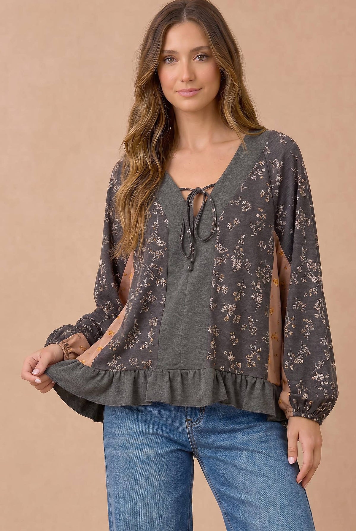 Haptics - Floral Color Block Peplum Raglan Top
