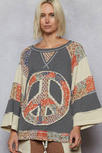 Pol Clothing - Round neck printed peace patch overlock stitch knit top