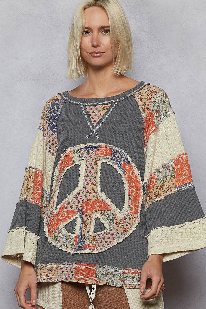 Pol Clothing - Round neck printed peace patch overlock stitch knit top