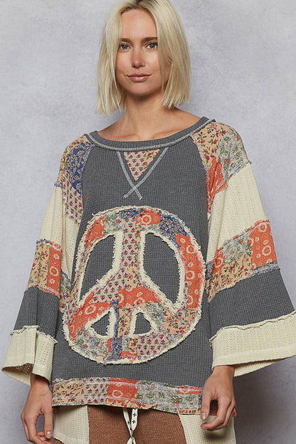 Pol Clothing - Round neck printed peace patch overlock stitch knit top