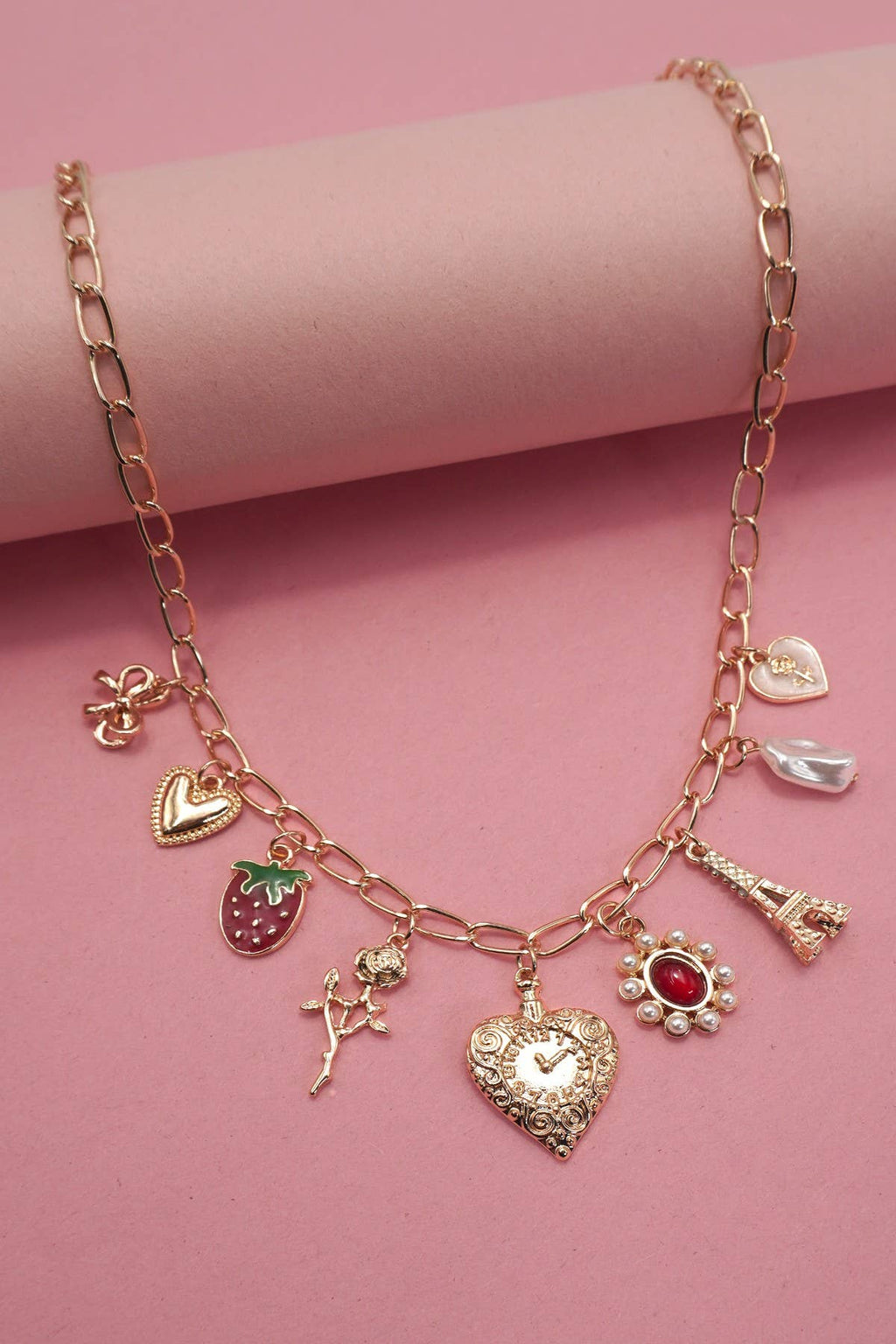 CHARM NECKLACE-HEART BOW ROSE STRAWBERRY EIFFEL TOWER