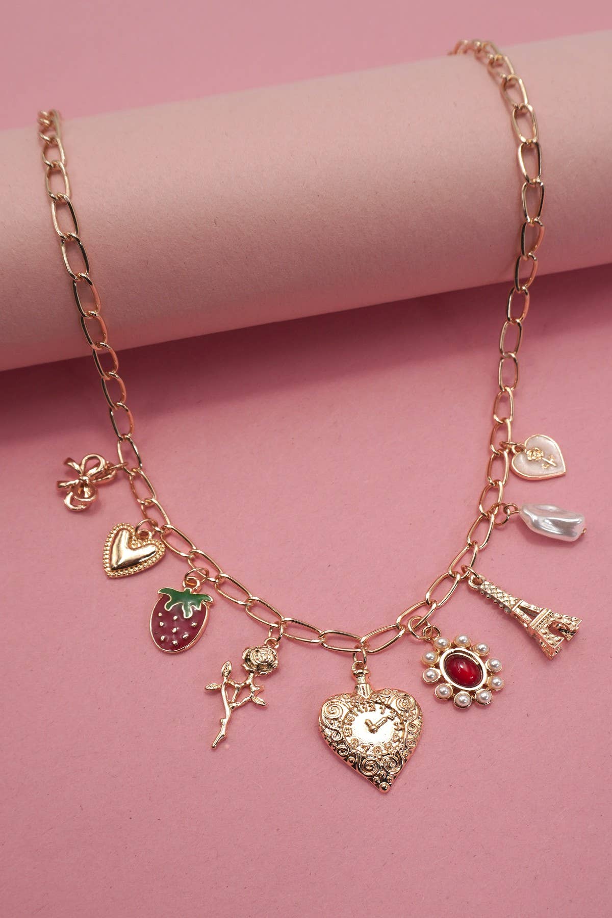 CHARM NECKLACE-HEART BOW ROSE STRAWBERRY EIFFEL TOWER