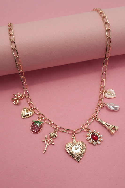 CHARM NECKLACE-HEART BOW ROSE STRAWBERRY EIFFEL TOWER
